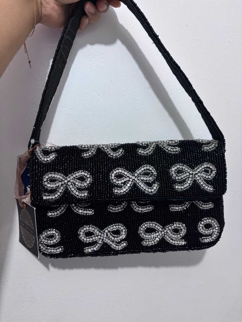 T.J.Maxx Black Beaded Shoulder Bag with Silver Bows
